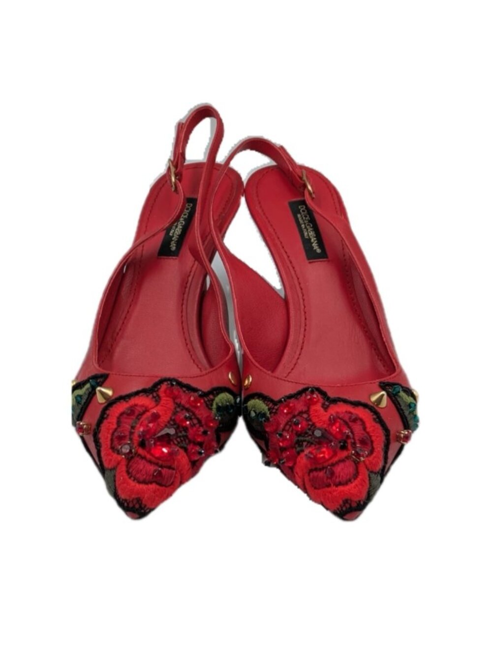 Pre-Owned Dolce & Gabbana Leather Rose Embroidery Crystals Slingback Pumps Red